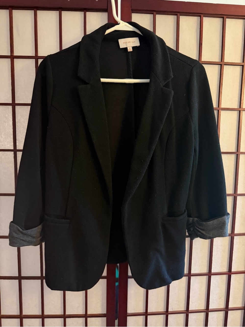 Three Dots Black Open-Front Knit Blazer with Rolled Cuffs